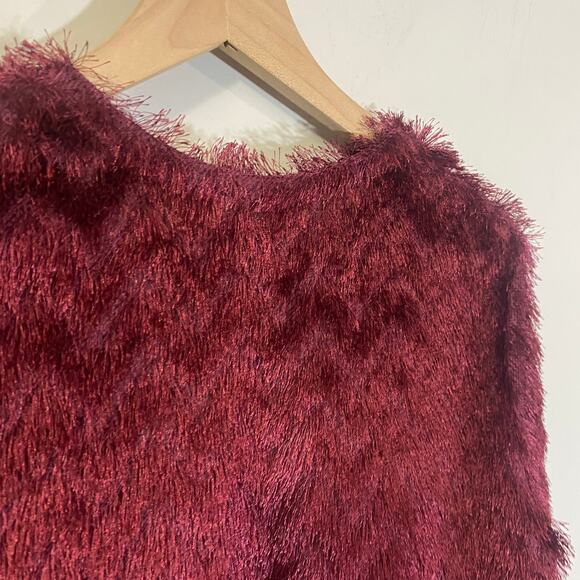 H&M Burgundy Maroon Shaggy Chevron Open Front Karma Jacket Faux Fux Fringe Sz M - Picture 6 of 9
